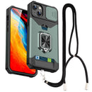 For iPhone 14 Plus Lanyard Slide Camshield Ring Card Phone Case (Green)