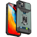 For iPhone 14 Plus Lanyard Slide Camshield Ring Card Phone Case (Green)