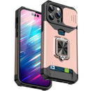For iPhone 14 Pro Max Lanyard Slide Camshield Ring Card Phone Case (Rose Gold)