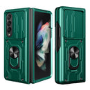 For Samsung Galaxy Z Fold4 Lanyard Slide Camshield Card Phone Case(Dark Green)