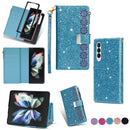 For Samsung Galaxy Z Fold 4 Multi-card Slots Laser Carving Glitter Zipper Leather Case(Sky Blue)