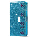 For Samsung Galaxy Z Fold 4 Multi-card Slots Laser Carving Glitter Zipper Leather Case(Sky Blue)