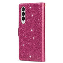 For Samsung Galaxy Z Fold 4 Multi-card Slots Laser Carving Glitter Zipper Leather Case(Rose Red)