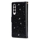 For Samsung Galaxy Z Fold 4 Multi-card Slots Laser Carving Glitter Zipper Leather Case(Black)