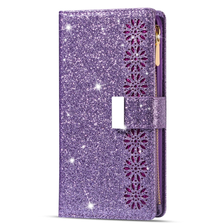 For Samsung Galaxy Z Fold 4 Multi-card Slots Laser Carving Glitter Zipper Leather Case(Purple)