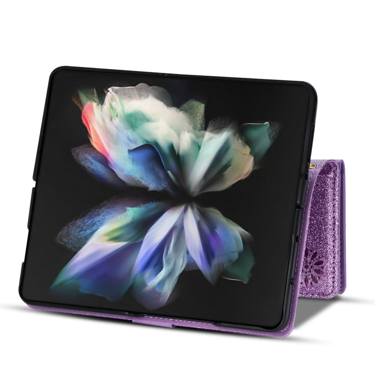 For Samsung Galaxy Z Fold 4 Multi-card Slots Laser Carving Glitter Zipper Leather Case(Purple)