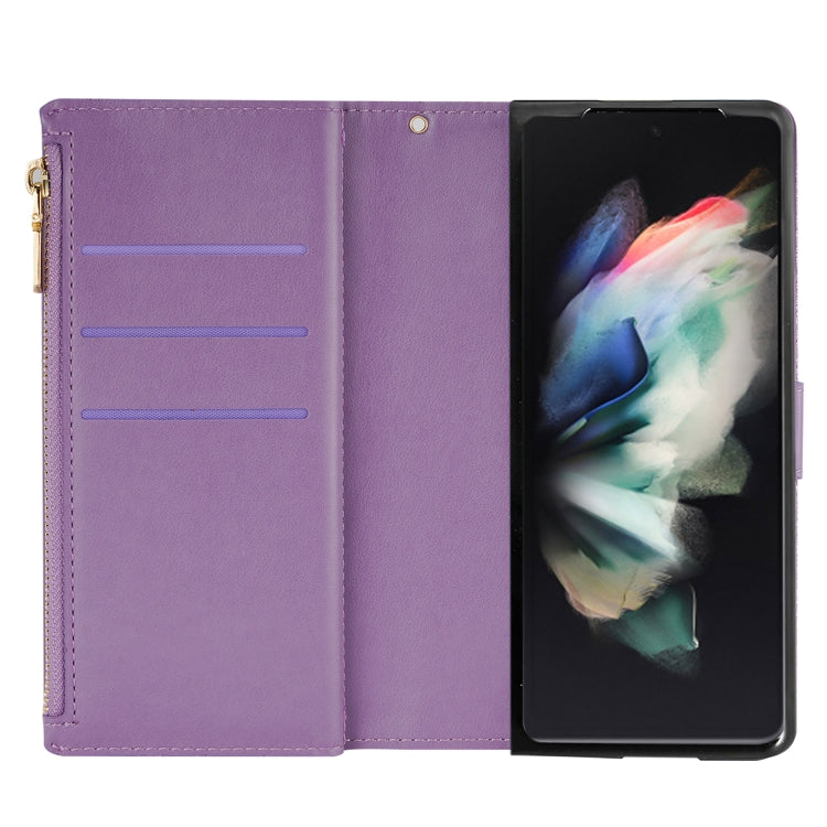 For Samsung Galaxy Z Fold 4 Multi-card Slots Laser Carving Glitter Zipper Leather Case(Purple)