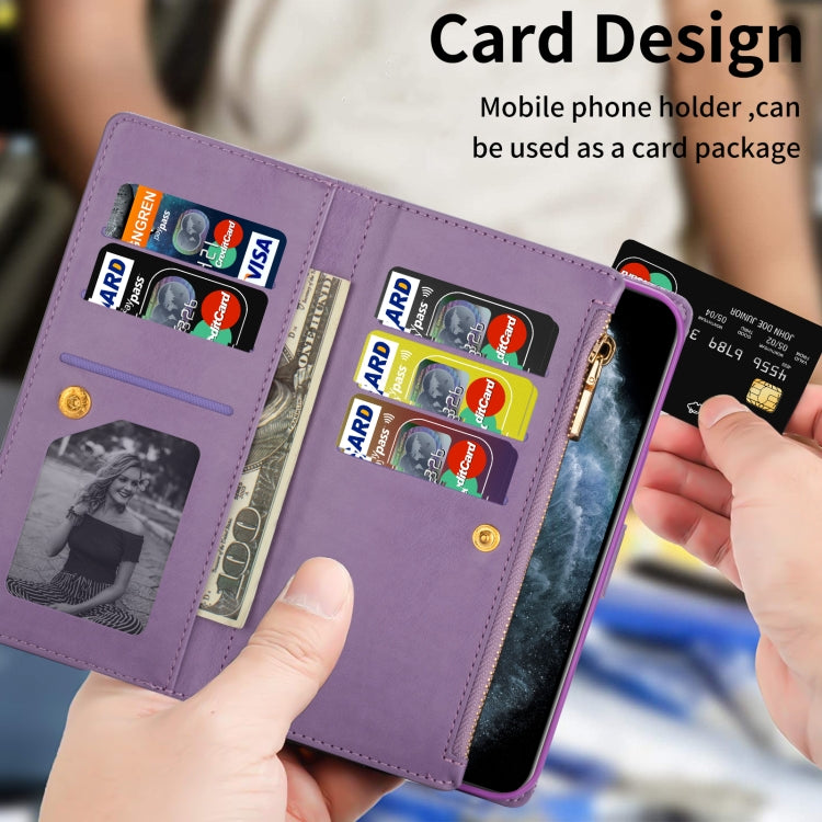 For Samsung Galaxy Z Fold 4 Multi-card Slots Laser Carving Glitter Zipper Leather Case(Purple)