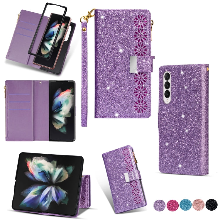 For Samsung Galaxy Z Fold 4 Multi-card Slots Laser Carving Glitter Zipper Leather Case(Purple)