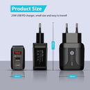 25W PD Type-C + QC3.0 USB Ports Travel Charger, Plug Type:EU Plug(Black)