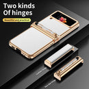 For Samsung Galaxy Z Flip4 Litchi Texture Leather Hinged Electroplated Phone Case with Pen(Gold White)
