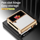 For Samsung Galaxy Z Flip4 Litchi Texture Leather Hinged Electroplated Phone Case with Pen(Gold White)