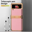 For Samsung Galaxy Z Flip4 Litchi Texture Leather Hinged Electroplated Phone Case with Pen(Gold Pink)