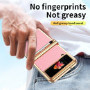 For Samsung Galaxy Z Flip4 Litchi Texture Leather Hinged Electroplated Phone Case with Pen(Gold Pink)