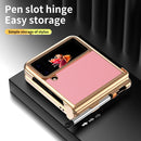 For Samsung Galaxy Z Flip4 Litchi Texture Leather Hinged Electroplated Phone Case with Pen(Gold Pink)