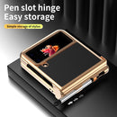 For Samsung Galaxy Z Flip4 Litchi Texture Leather Hinged Electroplated Phone Case with Pen(Black Gold)