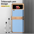 For Samsung Galaxy Z Flip4 Litchi Texture Leather Hinged Electroplated Phone Case with Pen(Gold Blue)