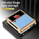 For Samsung Galaxy Z Flip4 Litchi Texture Leather Hinged Electroplated Phone Case with Pen(Gold Blue)