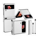 For Samsung Galaxy Z Flip4 Litchi Texture Leather Hinged Electroplated Phone Case with Pen(Silver White)