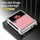 For Samsung Galaxy Z Flip4 Litchi Texture Leather Hinged Electroplated Phone Case with Pen(Silver Pink)