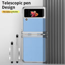 For Samsung Galaxy Z Flip4 Litchi Texture Leather Hinged Electroplated Phone Case with Pen(Silver Blue)