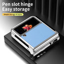 For Samsung Galaxy Z Flip4 Litchi Texture Leather Hinged Electroplated Phone Case with Pen(Silver Blue)
