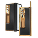 For Samsung Galaxy Z Fold4 Litchi Pattern Magnetic Shell Film Integrated Shockproof Phone Case(Black Gold)