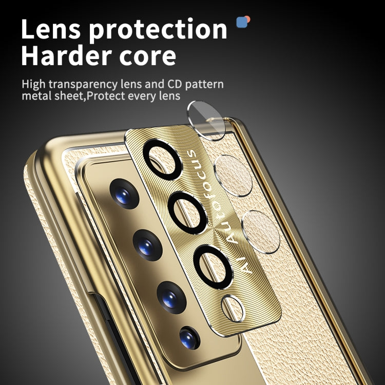 For Samsung Galaxy Z Fold4 Litchi Pattern Magnetic Shell Film Integrated Shockproof Phone Case(Champagne Gold)