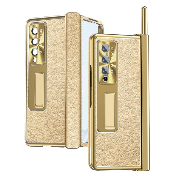 For Samsung Galaxy Z Fold4 Litchi Pattern Magnetic Shell Film Integrated Shockproof Phone Case(Champagne Gold)