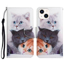 For iPhone 14 3D Colored Drawing Flip Leather Phone Case (3 cats)