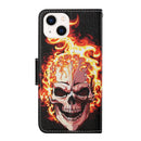 For iPhone 14 Plus 3D Colored Drawing Flip Leather Phone Case (Flame Skull)
