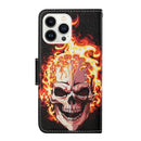 For iPhone 14 Pro 3D Colored Drawing Flip Leather Phone Case(Flame Skull)