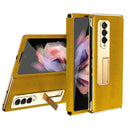 For Samsung Galaxy Z Fold4 Cross Texture Integrated Electroplating Hinge Flip Phone Case with Tempered Film(Gold)
