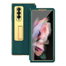 For Samsung Galaxy Z Fold4 Cross Texture Integrated Electroplating Hinge Flip Phone Case with Tempered Film(Cyan)
