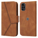 For Motorola Moto G22 Embossing Stripe RFID Leather Phone Case(Brown)