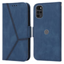 For Motorola Moto G22 Embossing Stripe RFID Leather Phone Case(Blue)