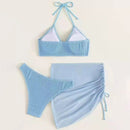 3 in 1 Set Sexy Backless Bikini Ladies Split Swimsuit with Short Skirt, Size:L(Blue)