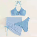 3 in 1 Set Sexy Backless Bikini Ladies Split Swimsuit with Short Skirt, Size:XL(Blue)