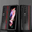 For Samsung Galaxy Z Fold4 Carbon Fiber Texture Shockproof Splicing Leather Case with Holder(Red)