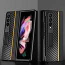 For Samsung Galaxy Z Fold4 Carbon Fiber Texture Shockproof Splicing Leather Case with Holder(Yellow)