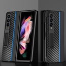 For Samsung Galaxy Z Fold4 Carbon Fiber Texture Shockproof Splicing Leather Case with Holder(Blue)
