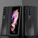 For Samsung Galaxy Z Fold4 Carbon Fiber Texture Shockproof Splicing Leather Case with Holder(Black)