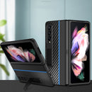 For Samsung Galaxy Z Fold4 Carbon Fiber Texture Shockproof Splicing Leather Case with Holder(Blue)