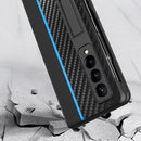 For Samsung Galaxy Z Fold4 Carbon Fiber Texture Shockproof Splicing Leather Case with Holder(Blue)