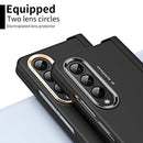 For Samsung Galaxy Z Fold4 Skin Feel Two-color Contact Lens Hinge Flip Phone Case with Pen Slot(Black)