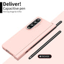For Samsung Galaxy Z Fold4 Skin Feel Two-color Contact Lens Hinge Flip Phone Case with Pen Slot(Pink)