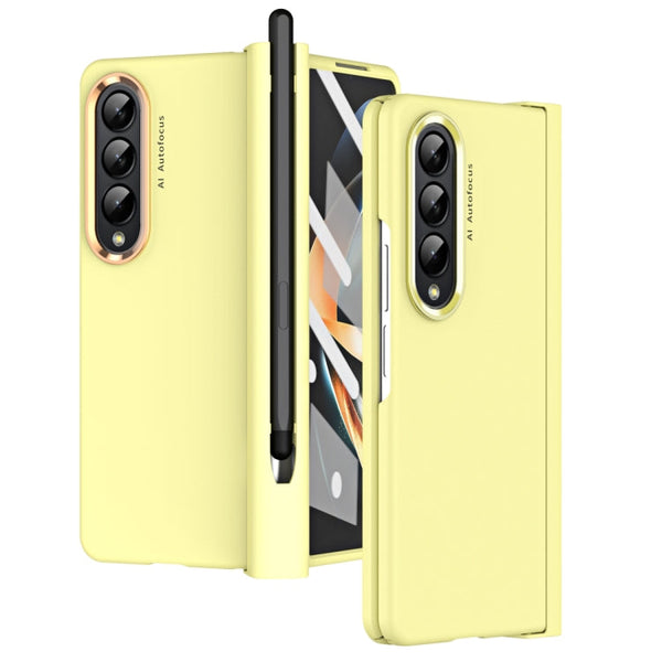 For Samsung Galaxy Z Fold4 Skin Feel Two-color Contact Lens Hinge Flip Phone Case with Pen Slot(Yellow)