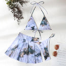 Sexy Solid Color Pleated Stitching High Waist Slim Waist Shorts Swimsuit, Size:L(Blue)