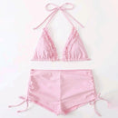 Sexy Laciness Pleated Split Bikini Swimsuit, Size:L(Pink)