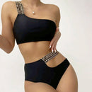 One Shoulder Strap Sexy High Waist Split Bikini Ladies Swimsuit, Size:S(As Show)